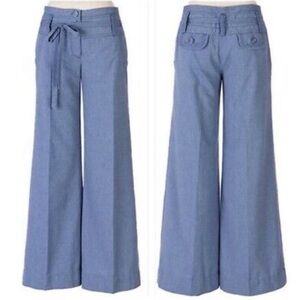 Anthropologie Elevenses Blue Textured Wide Leg Sailor Pants Tie Waist Size 8